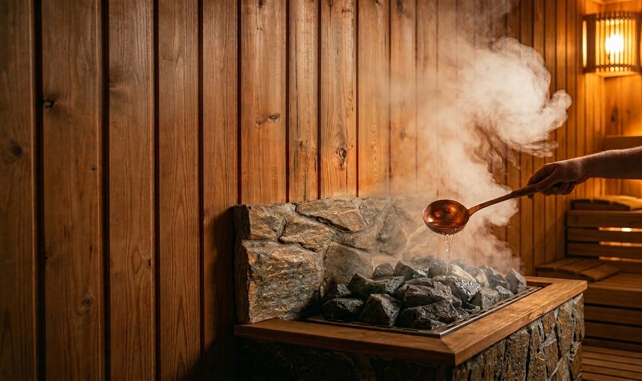 Sauna-Aufguss-Experte Dennis Eckert bei einem privaten Aufguss-Event mit stimmungsvollem Licht und Dampf