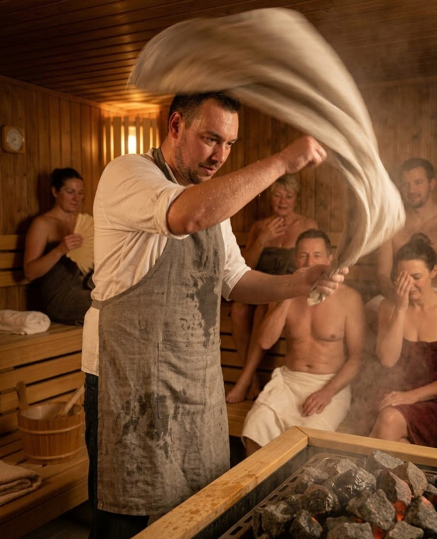 Sauna-Aufguss-Experte Dennis Eckert in Aktion beim zeremoniellen Aufguss mit Dampf und ätherischen Düften